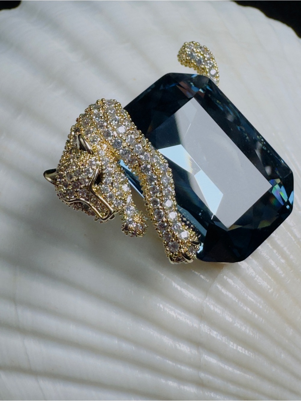 Gold-Tone Panther Crystal Brooch with Deep Teal Stone - Picture 3 of 10